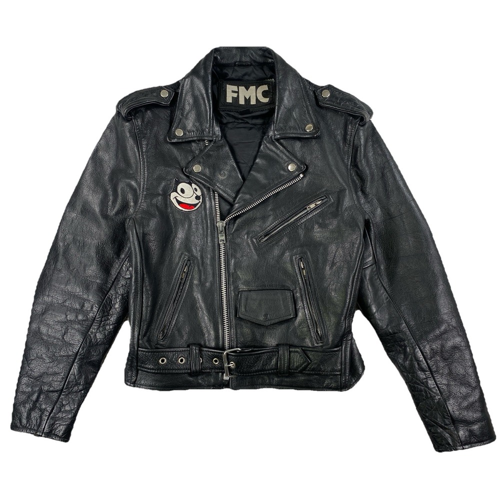 FMC Leather Motorcycle Jacket Size 36 Large Black Patches